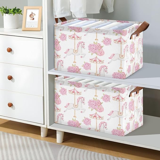 Cute Carousel Horse with Pink Flower Baby Storage Basket with Label&Handles Rectangular Waterproof Nursery Storage Bins Collapsible Shelf Organizer Baskets for Kids Books Cloth Gift Toys Laundry, 2 PC