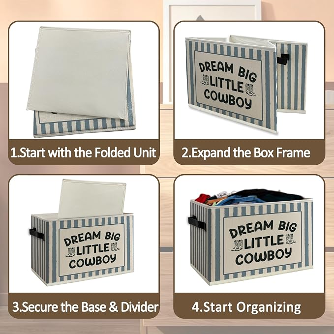 Western Cowboy Nursery Cube Storage Bins with Handles, Dream Big Little Cowboy Boys Collapsible Fabric Storage Basket Boxes Books Clothes Organizer for Kids Boy Nursery Bedroom Bathroom
