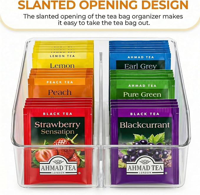 Tea Bag Organizer, Tea Bag Holder, Clear Plastic Tea Organizer for Cabinet, 2 Compartment Storage for Tea, Coffee, Sugar, Seasoning Packets, Fridge, Tabletop, Kitchen Countertop