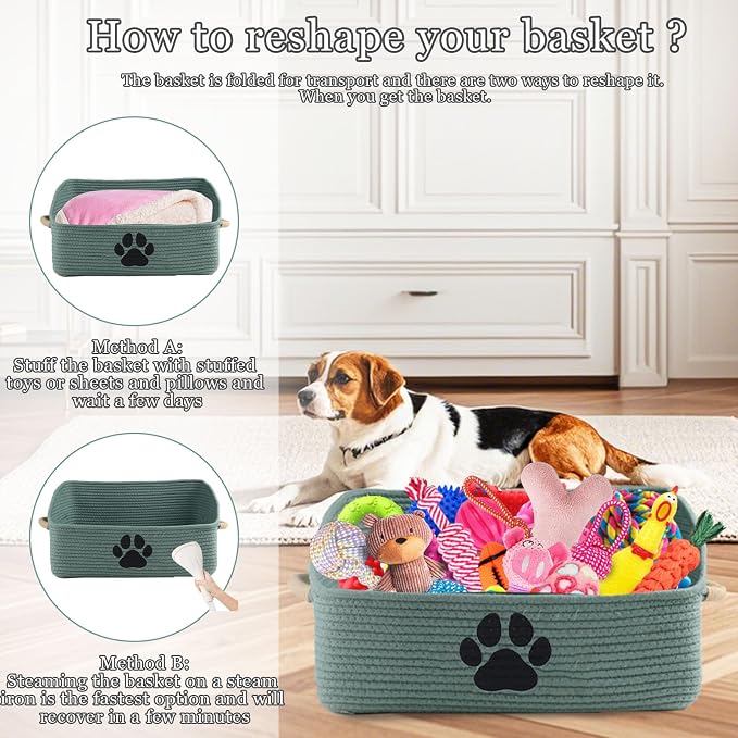 2 pack Woven Dog Toys Basket, 100% Cotton Rope Dog Toy Box for Living Room Area, Trapezoid Pet Toys Bin with Sturdy Handle, Puppy Bed, Green Baskets for Pet Toys/Collar/Leash/Blanket