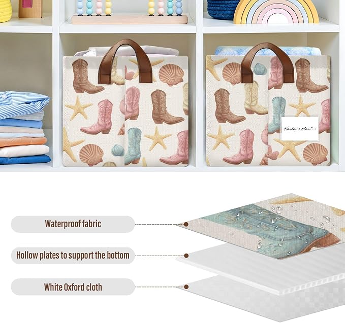 Retro Rodeo Boots and Starfishes Storage Basket Foldable Cube Storage Bins with Handles&Label Waterproof Organizer Box Bin Large Rectangle Decorative Baskets for Shelves Home Room Laundry-2 Pack