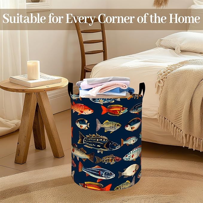 Tropical Fish Laundry Basket, Marine Life Foldable Oxford Cloth, Waterproof Dirty Clothes Hamper with Handles, Clothing Storage Bin Toy Organizer for Bedroom Dorm Bathroom, 19.7"x15.7"
