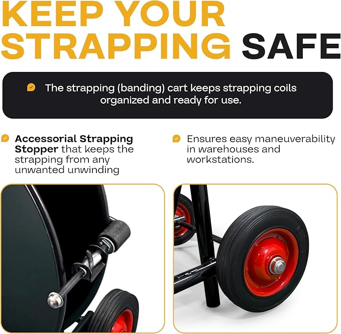 IDL Packaging Strapping Cart & Dispenser for Cord Strapping (16" x 3" Core) | CA-248 for Woven Cord Coils - Durable Steel Tube Frame and Rubber Wheels - Built-In Tray for Cutter, Buckles, & Gloves