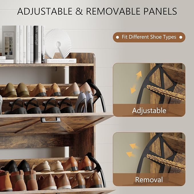 Xixini Shoe Storage Cabinet with 3 Flip Drawers, Entryway Shoe Rack, Brown | Freestanding Narrow Shoe Storage, Hidden Slim Wood Shoe Organizer, Modern Farmhouse, Open Storage & Hooks for Closet, Hallway