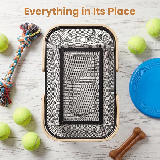 Metal Dog Toy Basket, Chew-Proof Food Bin with Handles | Medium Indestructible Feeding Storage Container, Pet Stuff Organizer Box for Living Room, Dog Leash, Blanket