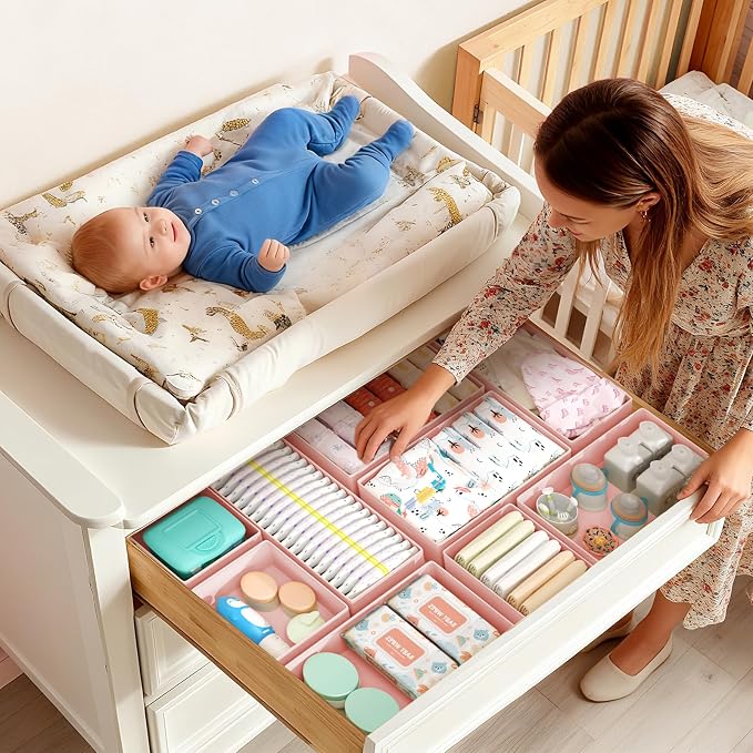 DIMJ Drawer Organizers Clothes, Set of 16 Dresser Organizer Bins, Fabric Closet Organizers and Storage, Shallow Drawer Dividers for Nursery, Clothing, Baby Clothes, Socks, Underwears, Tie (Pink)