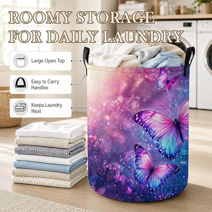 Butterfly Fantasy Laundry Basket, Foldable Oxford Cloth Purple Blue Laundry Hamper with Handles, Tote Bag Clothes Storage Bucket for Laundry Room/Bathroom/Bedroom/Dormitories 20.8"x16"