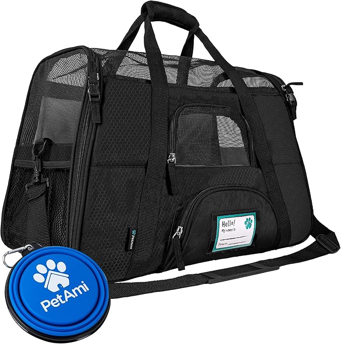 PetAmi Airline Approved Pet Carrier for Cats & Small Dogs, Large, Black | Soft Sided TSA Travel Bag, Sherpa Bed, Breathable Mesh Ventilation, Collapsible Bowl, Fits Under Seat, Up to 18 lbs