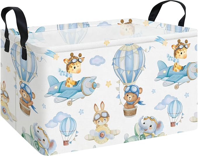 Rectangle Foldable Storage Basket Handles For Home, Airplane Animal | Waterproof canvas material, reinforced handles, perfect for shelf use, organizes clothes, daily items and pet supplies
