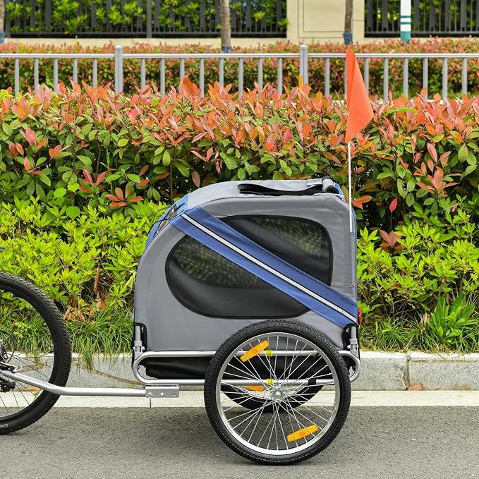 Dog Bike Trailer Pet Cart Wagon Cargo Carrier Attachment for Travel with 3 Entrances Large Wheels for Off-Road & Mesh Screen - Blue / Grey - Steel - Weather Protect - Camping Hiking Walking Cycling