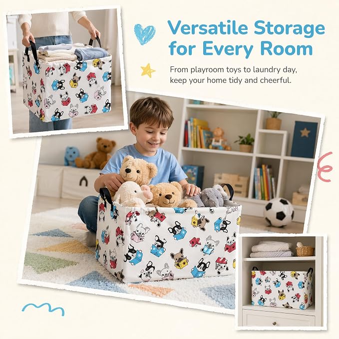Large Dog Toy Basket Puppy Box Storage Bin (Blue Red) | Holder French Bulldog Stuff Organizer, Room Decor Gifts