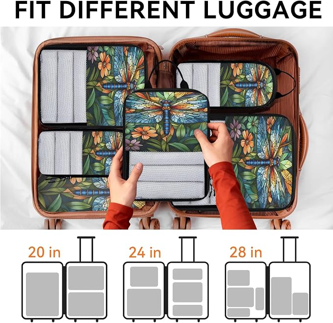 Dragonfly 6 Set Compression Packing Cubes Floral Expandable Packing Organizer for Travel Accessories Luggage Suitcase Bag