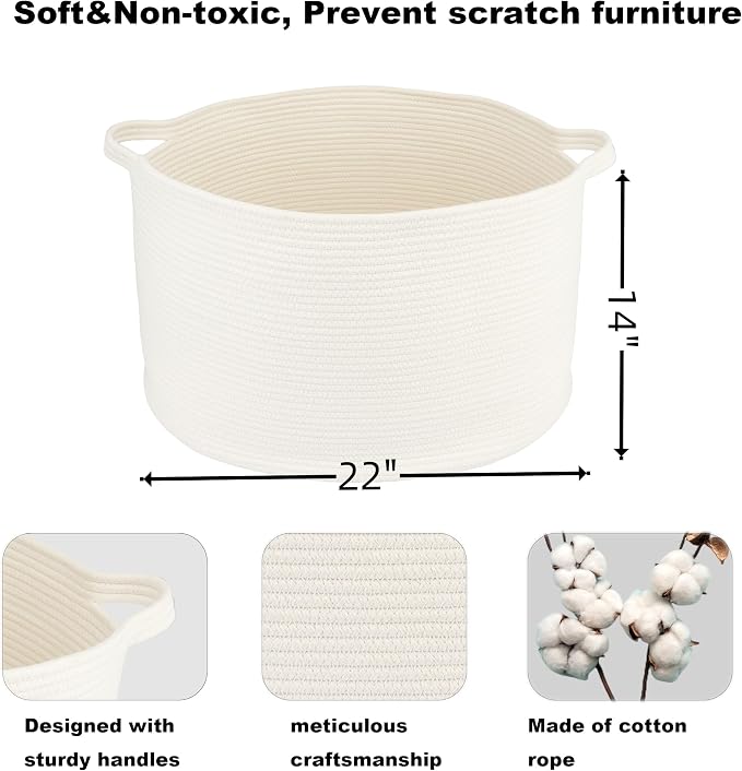 XUANGUO Extra Large Cotton Rope Round Storage Basket 22" x 14" White | Woven basket for blankets, toys, towels, laundry, nursery, living room and pet toy storage.