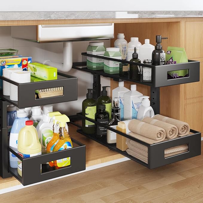 2 Packs 19IN Depth Under Sink Organizer, 2-Tier Pull Out Cabinet Organizer With Smooth Circular Rail, Large Capacity Metal Mesh Sliding Drawers For Bathroom& Kitchen Storage,Height Adjustable –Black