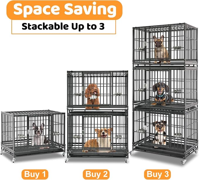 Homey Pet 37 Inch Heavy Duty Dog Crate for Medium Dogs | Stackable Dog Cage Kennel with Four Lockable Wheels, Removable Tray & Grid, Open Top, Escape Proof Dog Kennel Indoor