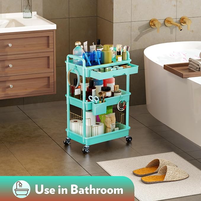 SUNALLY Makeup Cart Organizer with Drawer, 3 Tier Rolling Makeup Cart, Blue | Rolling Vanity Storage for Skin Care Perfume Nail Polish, Floor Skincare Organizers Cosmetics Display Bathroom Storage Cart