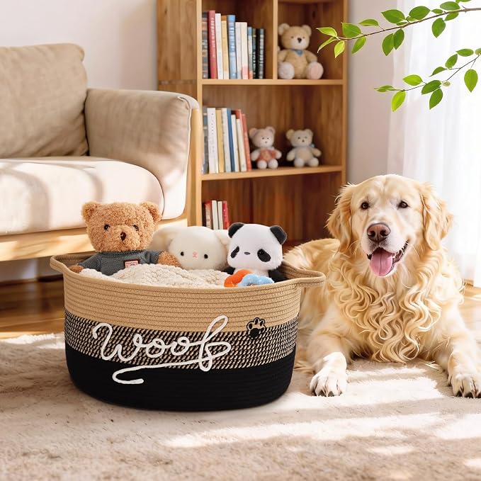 Woof Dog Toy Basket with Handles, Large Dog Toy Storage Bin with Paw Print, Woven Dog Basket for Blankets, Toys, Chews, Pet Toy Box for Nursery, Living Room, Bedroom, 20”x14”x9, Black