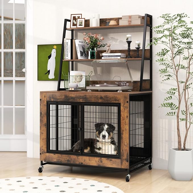PETSITE Portable Dog Crate Furniture with Storage Shelves, 59 Inch Wooden Dog Kennel with Flip-up Top, 3 Lockable Doors and Removable Tray, Ideal for Small to Medium Dogs (Rustic Brown)