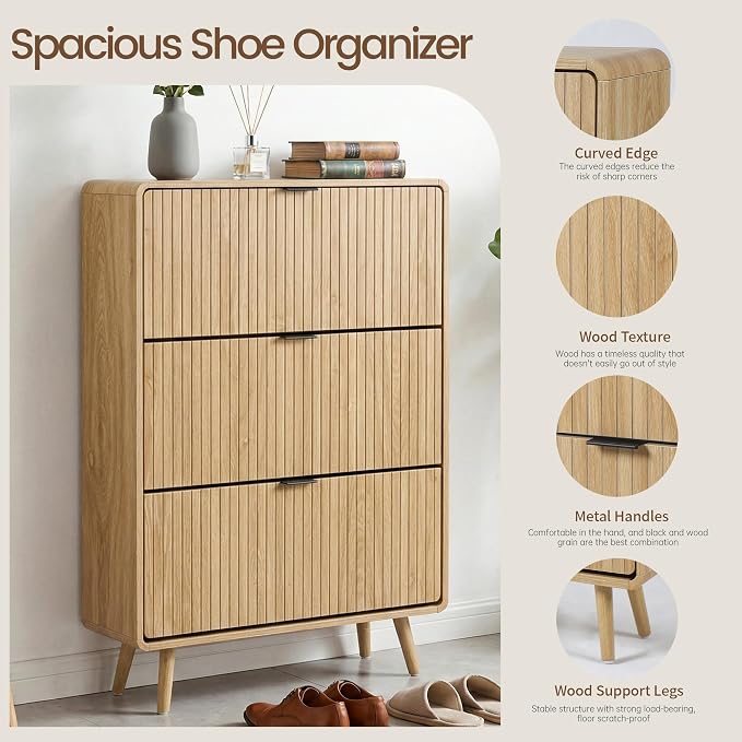 FurSch Fluted Shoe Storage Cabinet with 3 Flip Drawers, Narrow Shoe Rack Cabinet Organizer with Adjustable & Removable Shelves for Entryway (All Natural, 3 Drawers)