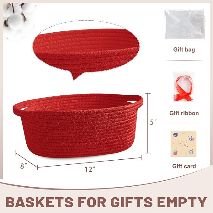Bufims Small Woven Red Gifts Basket for Storage Empty with Ribbons and Bags Durable Cute Gifts 12"X 8" X 5" Small Rope Basket for Gifting
