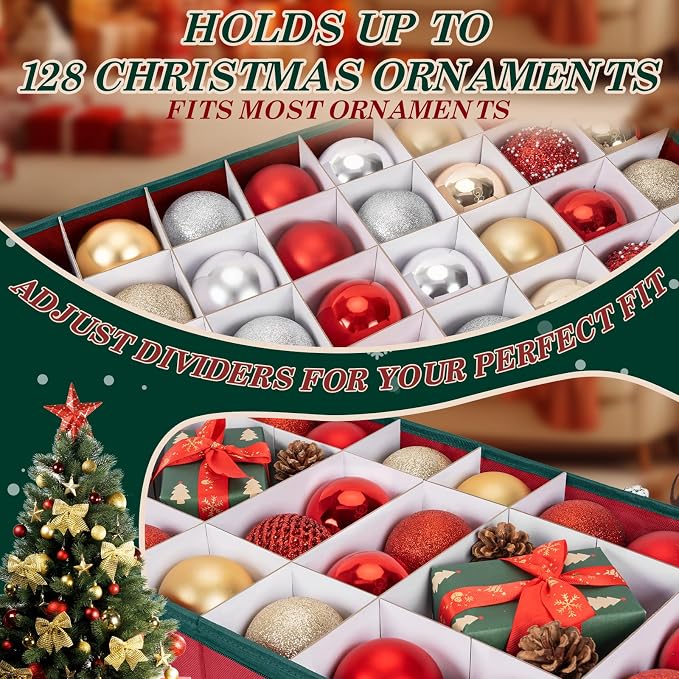 Christmas Ornament Storage Box with Adjustable Dividers Zippered Top Stores up to 128 Holiday Ornaments (3 Inch) Xmas Ball Decorations Organizer Storage Container Bin