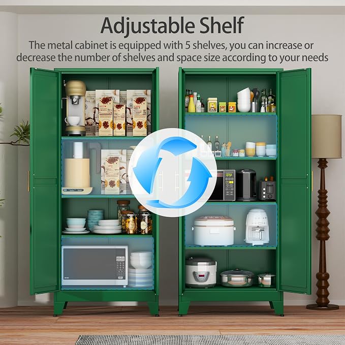 Green Metal Storage Cabinet,75" Steel Cabinets for Home Office | Kitchen Pantry Storage Cabinet with Doors and 5 Adjustable Shelves, Tool Cabinets, for Office, Home, Garage, School