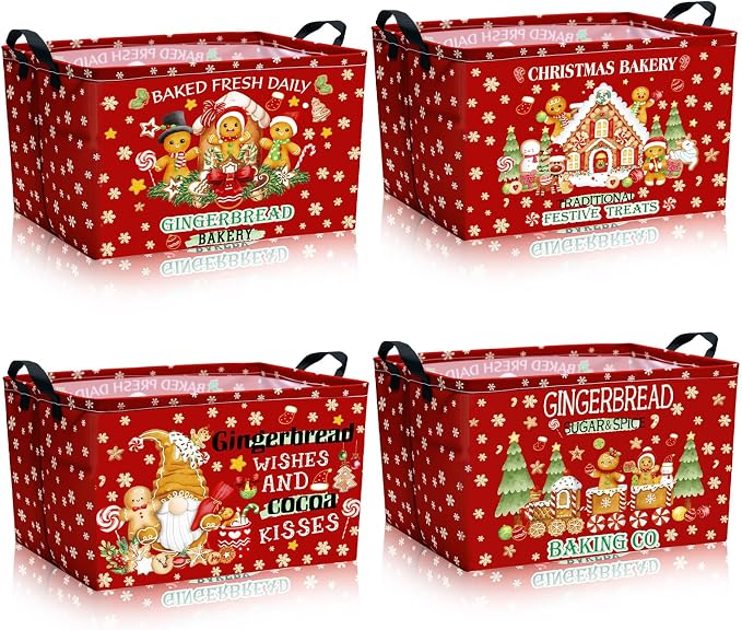 4 Pcs Christmas Storage Basket for Gifts Empty Large Gingerbread Man Storage Bins 15 x 10 x 8 Fabric Laundry Baskets with Handle Xmas Foldable Organizer Boxes for Office Home Cloth Toys Books
