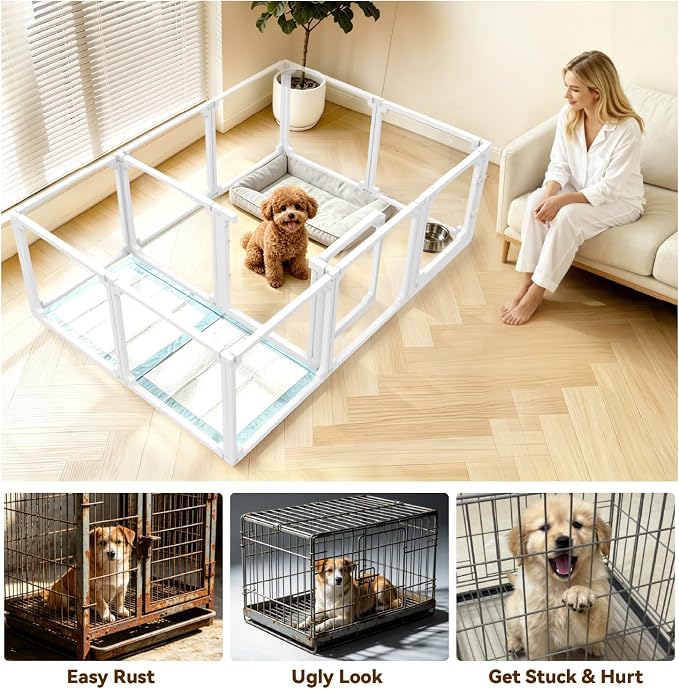 FlexiSpace Adjustable Clear Dog Play Pen, Expandable & Stackable Acrylic Dog Playpen, ONLY Dog Play Pen Indoors Grow with Your Pet Puppy Playpen (White, 24", 12 Panels)