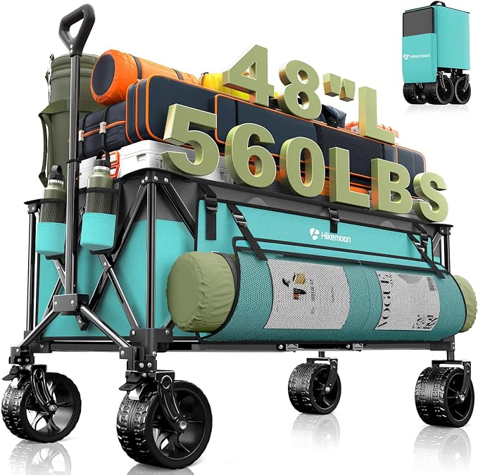 48'' Extra Large Collapsible Wagon, Big Wheels, 300L Turquoise | 560LBS Heavy Duty, Wagons Carts Foldable, All-Terrain, Brakes, Folding Cart, Utility for Beach/Camping/Garden/Sports/Grocery