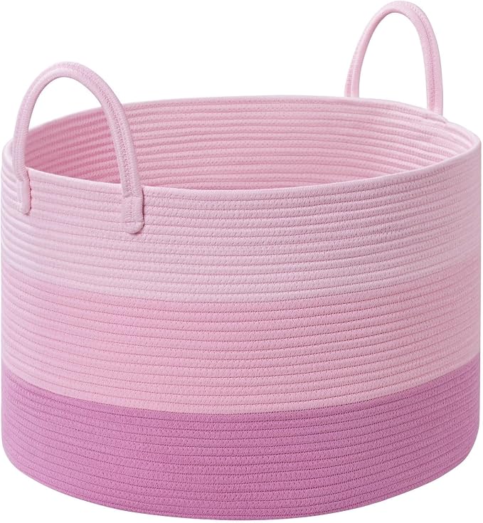 67L Large Woven Blanket Basket, Cotton Rope Baby Laundry Hamper with Handles, Kids Toy Basket for Classroom & Nursery, Soft Round Stuffed Animal Storage, Dog Toy Bin - 20"x13", Pink