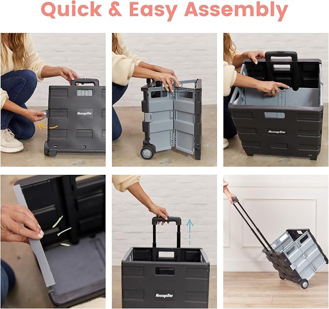 ECR4Kids Universal Collapsible Rolling Utility Storage Cart, Black | Durable plastic, adjustable handle, 40 lb capacity, collapses to 3" thick for storage, rolling wheels for easy transport