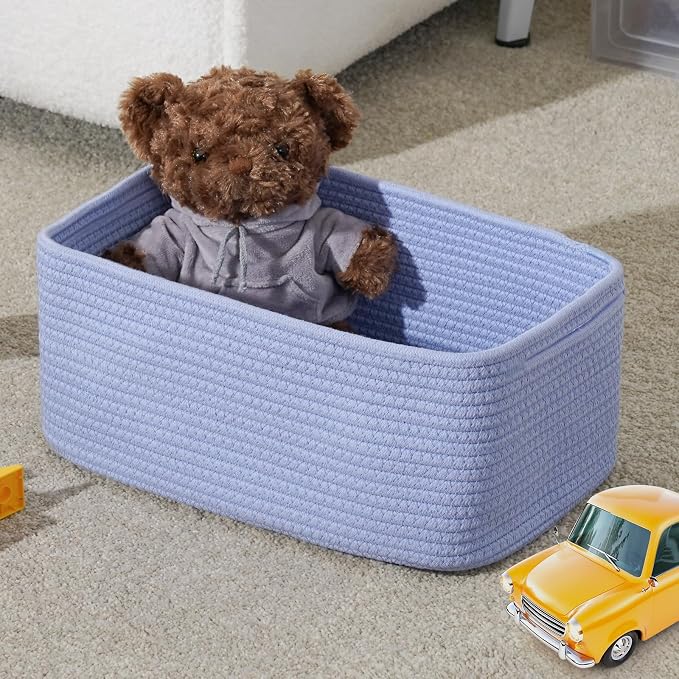 3 Pack Storage Baskets for Organizing, 13.7×9.5×6.3", Sky Blue | Woven Baskets for Shelves, Cotton Rope Basket for Gifts Empty, Closet Organizer Bins with Handles, Cube Decorative Box