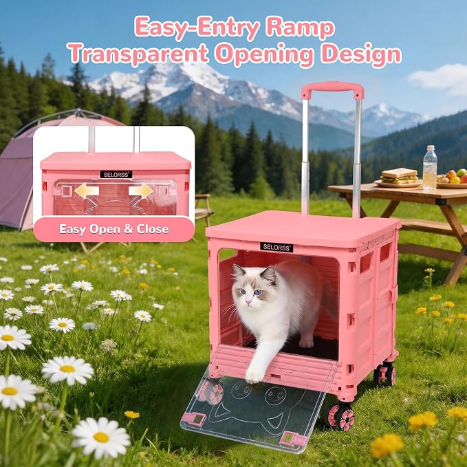 FELICON SELORSS Folding Utility Cart Portable Rolling Crate Handcart-Pink | Magnetic Sliding Lid+Lockable Transparent Front Panel,Telescoping Handle,4 Swivel Wheels Tote for Travel Shop Office Teacher