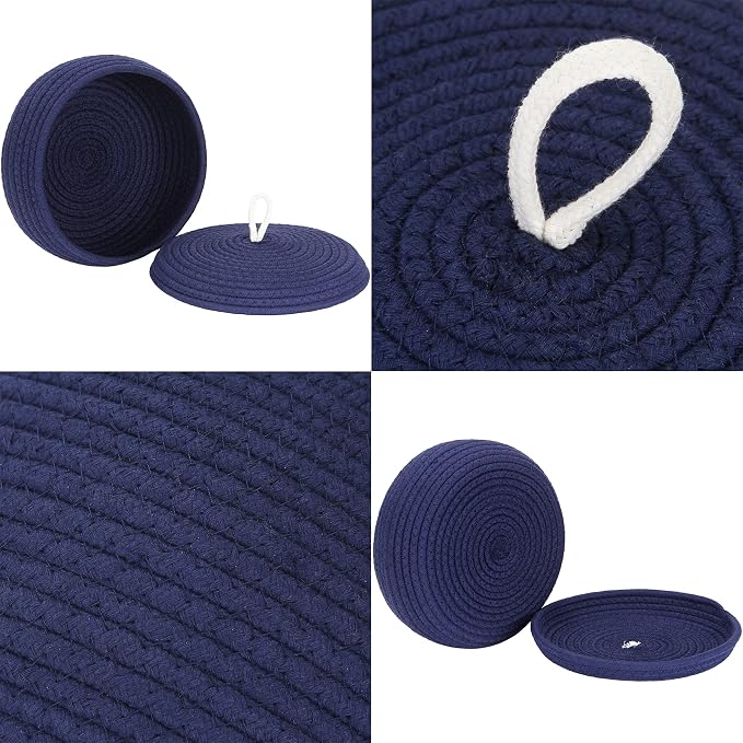 Sea Team Round Woven Cotton Rope Storage Basket with Lid, Navy | Lidded Knitted Decorative Storage Bin, Pot, Caddy, Organizer, Container for Snacks, Towels, Plants, 10 x 4.5 Inches