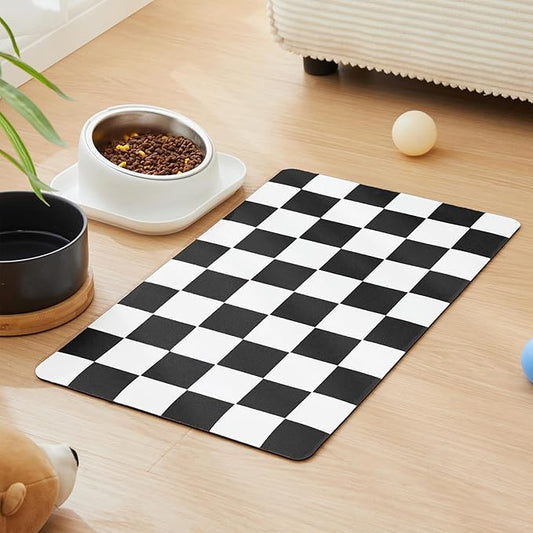 Ralxion Checkered Dog Feeding Mat, Absorbent Mats for Dog Food and Water Bowl, Dispenser, Feeder, Retro Aesthetic Black Checkerboard Pet Placemat for Dogs, Cats, Puppy Accessories, 16" X 24”