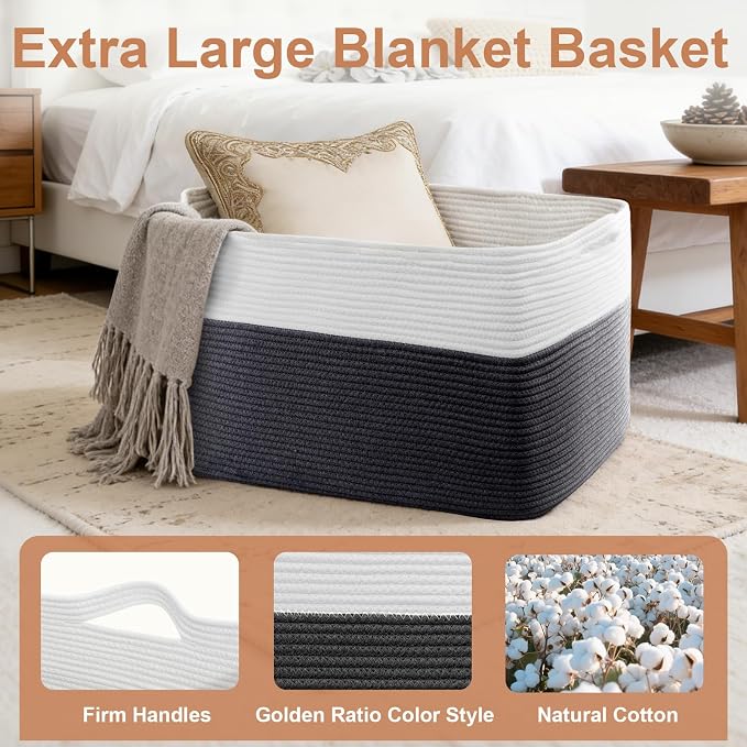 105L Large Blanket Storage Basket with Handles - White & Black | Extra-large 25"x16"x16". Soft cotton, foldable, washable.Holds blankets, pillows clothes for living room, bedroom, dorm.