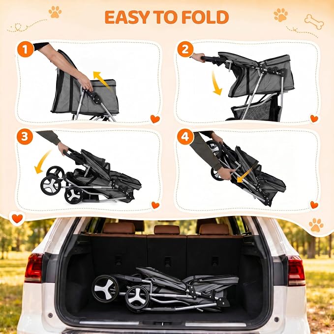 ZENY Foldable Pet Stroller, Cat/Dog Stroller with 4 Wheels | Pet Travel Carrier Strolling Cart with Storage Basket, Cup Holder (Grey)