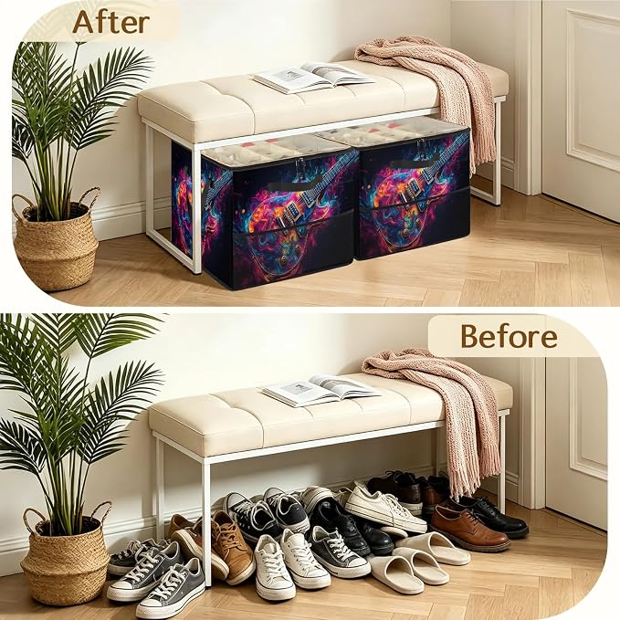 TropicalLife Colorful Swirls Guitar Shoe Organizer for Closet | Foldable Shoe Storage Organizer Box Bin with Adjustable Dividers and Clear Cover, Fits up to 16-32 Pairs