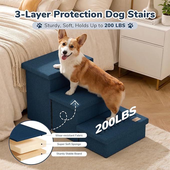 3-Step Wide Dog Stairs with Hidden Storage 18" H, Non-Slip Dog Steps for High Bed Couch Window Car, Jiont-Friendly Pet Stairs Ramp for Small/Medium/Large Old Dogs Cats Up to 220lbs, Navy