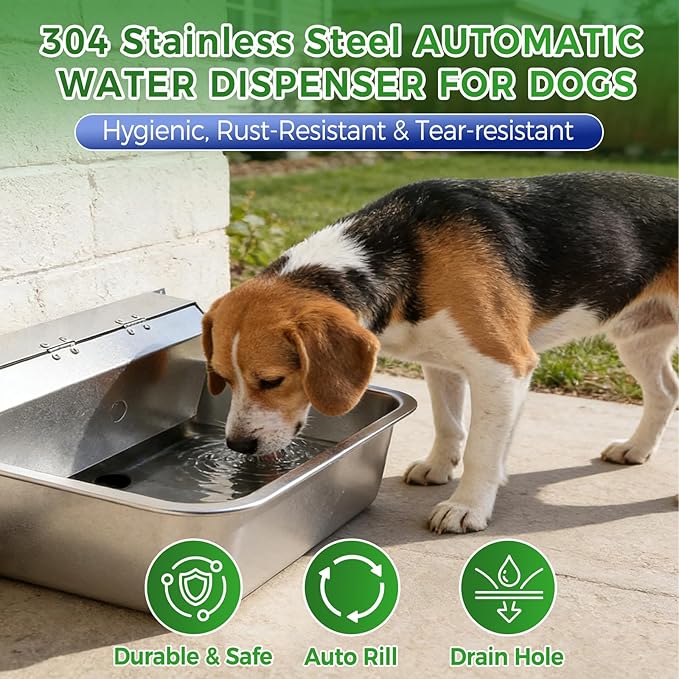 Automatic Dog Water Dispenser with Drain Hole, 304 Stainless Steel Auto Water Dog Bowl with Float Valve, Hose Quick Connect Fitting, Automatic Livestock Waterer for Horse, Chicken (4 Gallons)