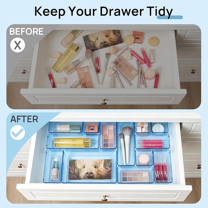 Vtopmart 25 Pack Plastic Drawer Organizers with Non-slip Rubber Pads | 4-Size Versatile Makeup Organizer, Storage Containers Small Bins for Makeup, Jewelries, Bedroom, Kitchen Utensils and Office