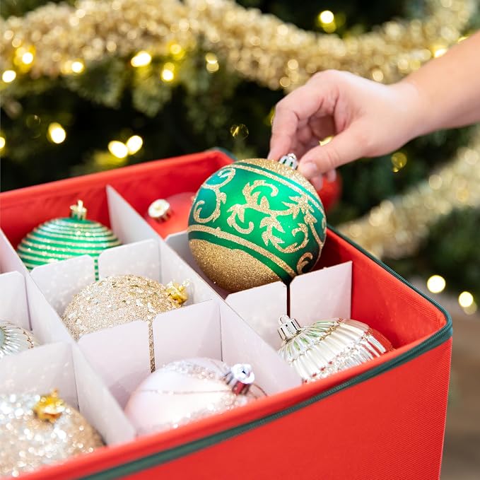 Christmas Ornament Storage Container with Dividers - Box Stores Up to 54 Ornaments, Zippered, Convenient, Adjustable, Large Organizer Bin to Protect Holiday Décor, Fits Most Standard Size, Red