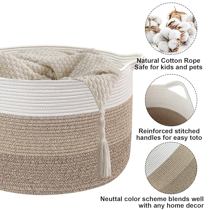 90L Extra Large Blanket Basket,Woven Rope Laundry Basket-Mix Brown | Collapsible Nursery Storage Bin with Sturdy Handles, Organizes Clothes, Toys and Pillows for Living Room, Bedroom, Bathroom