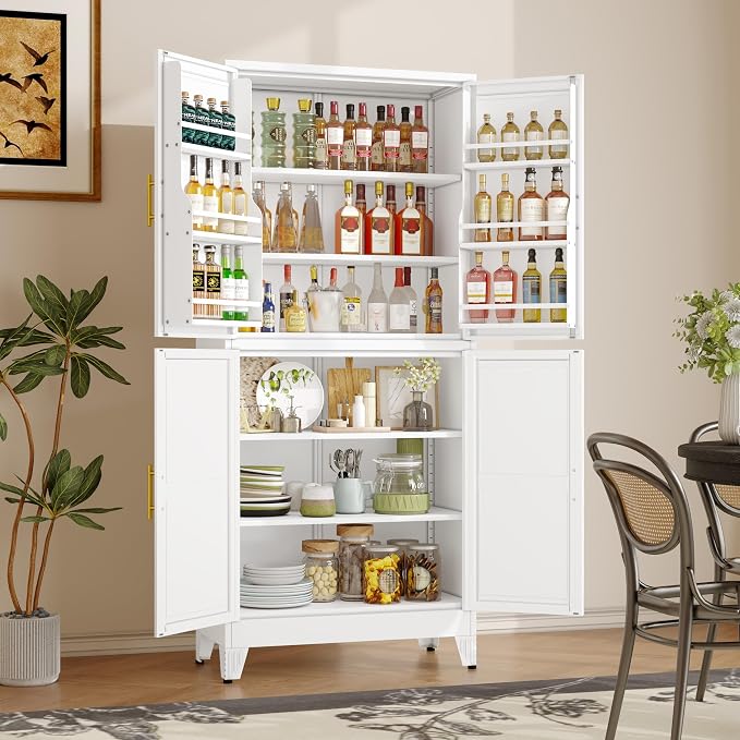 GAIOUS 74.8" Tall Metal Food Cabinet, White Kitchen Pantry Cabinet Cupboard | Food Storage, Kitchen Organizer, Storage Cabinet with 4 Door and 4 Adjustable Shelves, Steel Freestanding, for Dining Living