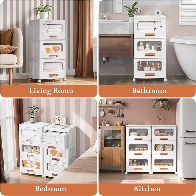 VECELO Plastic Storage Cabinet with Drawers, Stackable Storage Bins with Wheels, Waterproof Bathroom Storage Organizer, Multi-Tier Storage Drawers for Bedroom, Living Room, Kitchen, Medium 3-Tier