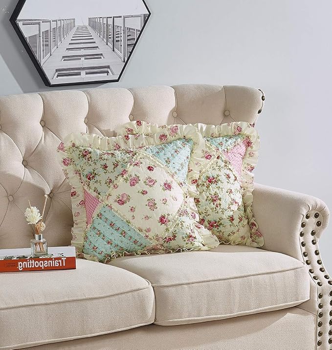 Brilliant Sunshine Pink & Green Roses Ruffle Pillowshams Set, 18"x18" | Patchwork Design with Ruffles, Quilted Pillow Covers, Washable Throw Cushion Cases for Couchs and Beds, Pack of 2