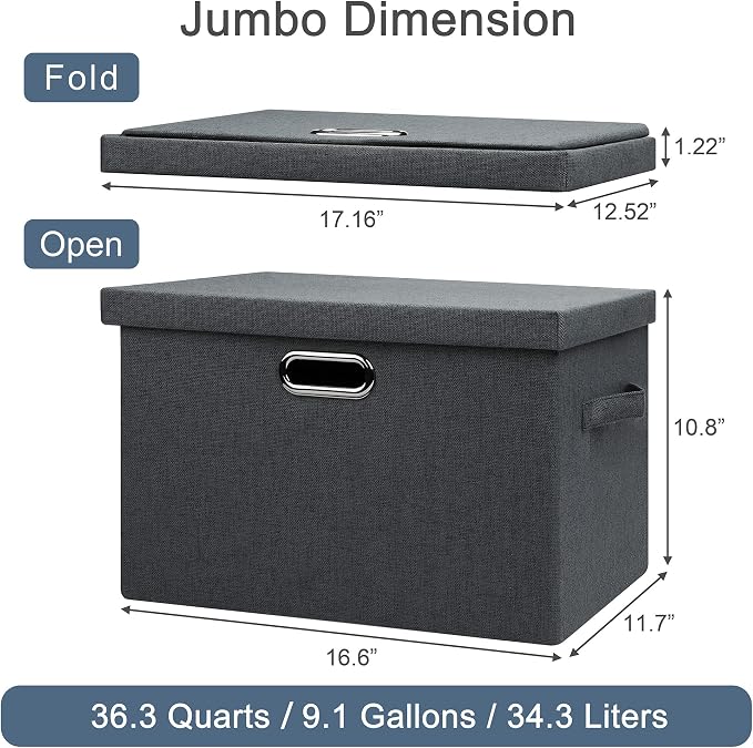 Graciadeco Large 17" 36 Quart Collapsible Stackable Storage Bins with Lids, 5 Packs Dark Gray Foldable Fabric Closet Storage Boxes with Lids Heavy-duty Linen Cube Baskets(17 x 12 x 11) | 36 Quart 5 Pack Dark Gray Collapsible Stackable Linen Fabric 4 Ha...