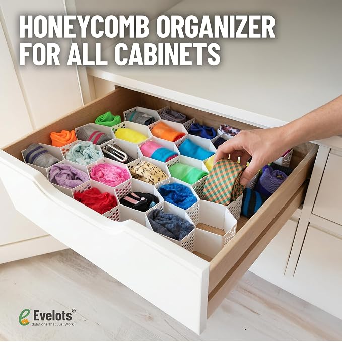 Evelots 2-Pack Honeycomb Drawer Organizers, 56 Cells, Expandable, White | Expandable modular dividers create 56 cells to organize socks, underwear, bras & baby clothes in dresser or nursery drawers.