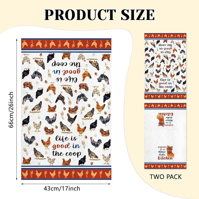 Chicken Kitchen Towels, 2 Pcs Chicken Dish Towels, Rooster Dish Towels for Kitchen Drying Absorbent, Rooster Dish Towel Decor Dishcloths Funny Cute Housewarming Gifts for Women