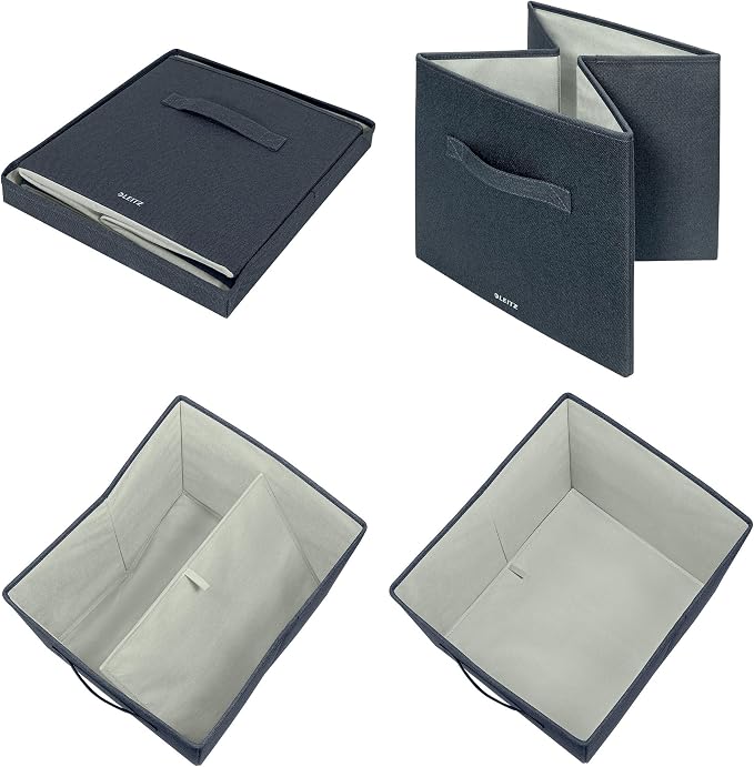 Leitz Fabric Storage Box with Lid, Set of 2 Cube Storage Unit Boxes, Foldable Fabric Ottoman Storage Box, Foldable & Eco Conscious Organiser Box, Recycle Range, Velvet Grey, Large, 61450089